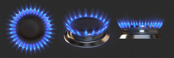 ilustrações de stock, clip art, desenhos animados e ícones de gas burner. realistic blue fire stove. kitchen appliance flame for cooking food. top and side view of burning blaze on transparent background. vector oven heating with propane fuel - natural gas gas burner flame