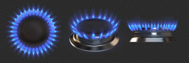 Vector illustration of Gas burner. Realistic blue fire stove. Kitchen appliance flame for cooking food. Top and side view of burning blaze on transparent background. Vector oven heating with propane fuel