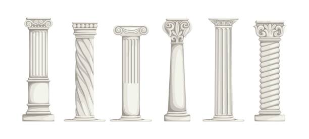 istock Roman pillars. White ancient Greek marble columns. Architecture elements set. Part of building with carved stone decorations. Antique colonnade. Vector types of ionic constructions 1318566747