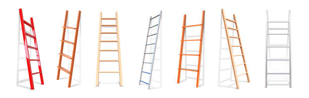 Realistic stairs. 3D staircase lean on wall. Isolated construction stepladder. Metal or wooden ladder set with shadow. Household tools for repairs and building. Vector work equipment Realistic stairs. 3D staircase lean on wall. Isolated construction stepladder. Metal or wooden vertical ladder set with shadow. Household portable tools for repairs and building. Vector work equipment ladder stock illustrations