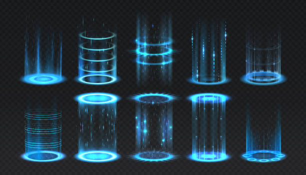 Realistic portal. Level up and teleportation process game effect, futuristic lighting and bright wrap aura. Glowing neon energy circles set. Vector vertical teleport with luminous beams Realistic portal. Level up and teleportation process game effect, futuristic blue lighting and bright wrap aura. Isolated glowing neon energy circles set. Vector vertical teleport with luminous beams aura stock illustrations