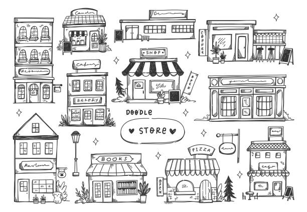 hand drawn store front Set of hand drawn store suitable for background and design element supermarket drawings stock illustrations