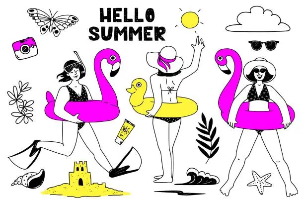 Vector illustration of Girls with an inflatable pink flamingo, with a yellow inflatable duckling. Set of varied summer symbols in doodle style. Hand-drawn lettering HELLO SUMMER. Vector elements isolated on white