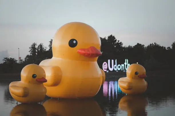 Photo of Three Giant yellow rubber ducks in the lake of Udon thani province, Thailand