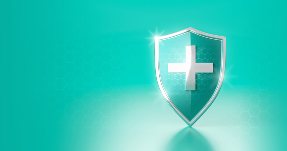 Protección escudo seguro o defensa antivirus guardia de seguridad en fondo seguro con cruz médica blanca. Renderizado 3D. photo