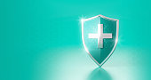 Protection safe shield or safety guard virus defense on secure background with white medical cross. 3D rendering.