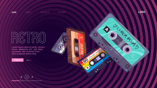 Retro mixtapes cartoon poster with audio mix tapes Retro mixtapes cartoon landing page with audio mix tapes falling into hypnotic pattern. Cassettes, media or music store ad in vintage style, analog multimedia devices, Vector illustration mixtape stock illustrations