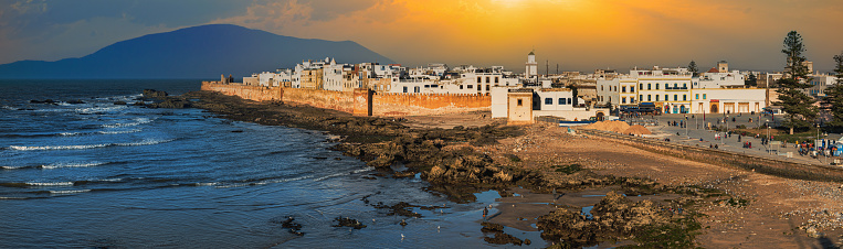 Cityscape view of Essaouira port city region (Mogdura) in Morroco illuminated at sunset