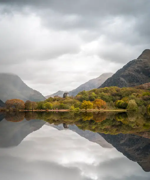 Photo of Abandoned old welsh castle standing forest trees reflecting on perfect still lake of water