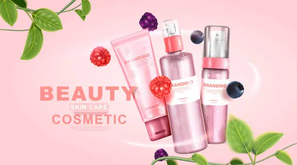 Vector illustration of Mixed berry cosmetic. Collagen vitamin skin care. Beauty packaging cream set.