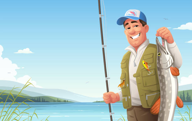 Fisherman At Lake Presenting Big Pike A proud fisherman at an idyllic lake holding a big pike. Vector illustration with space for text. catching illustrations stock illustrations