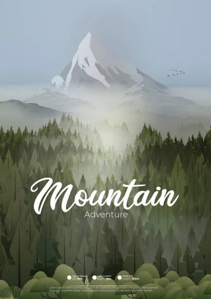 Vector illustration of Pine forest mountains in mist poster