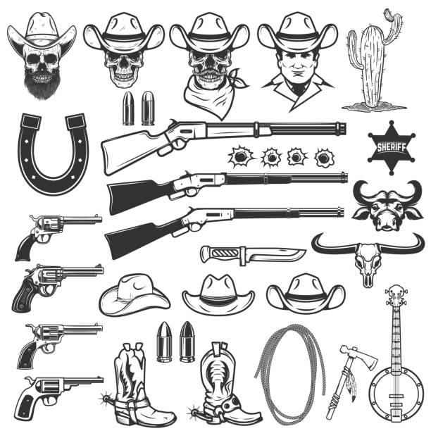 illustrazioni stock, clip art, cartoni animati e icone di tendenza di elementi di design del selvaggio west. arma da cowboy, cappello, stivali, lazo, teschio da cowboy. elemento di design per etichetta, segno, emblema. illustrazione vettoriale - rifle gun old wild west