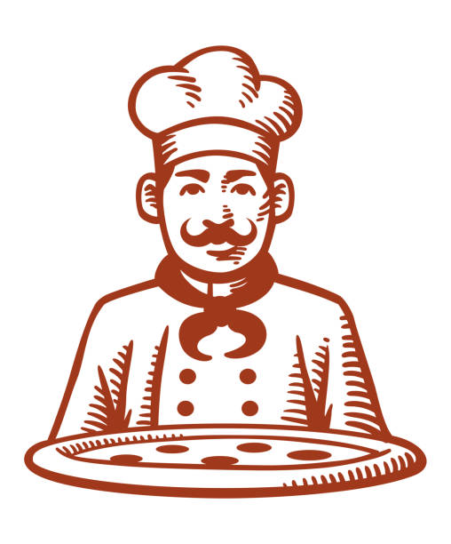 Drawing of a pizza chef Vector illustration of a pizzaiolo. Simple, good for logo or packaging. pics for pizza pizza logo stock illustrations
