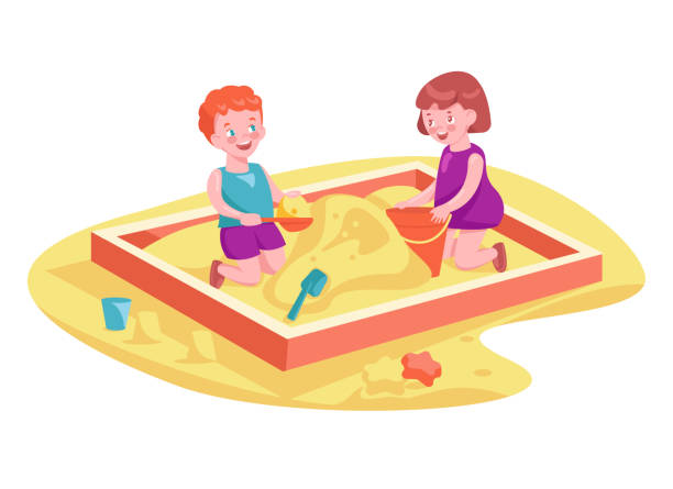 istock Happy children play in the sandbox. Vector illustration in cartoon style. 1318582295