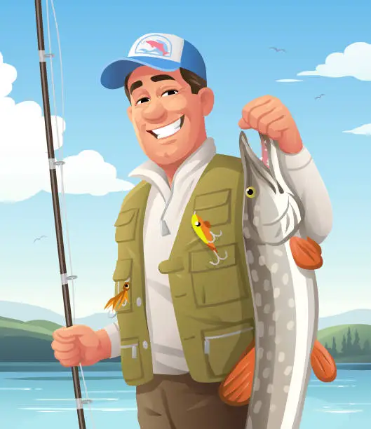 Vector illustration of Proud Fisherman At Lake Presenting Big Pike