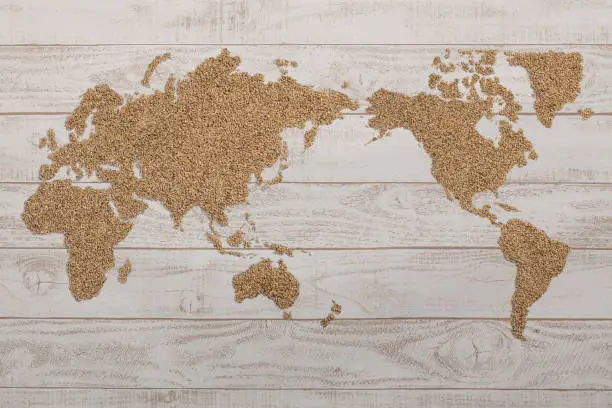 wold map made of wheat grains on textured background