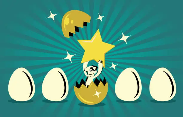 Vector illustration of One businessman carrying a big gold star is breaking out of the giant gold egg
