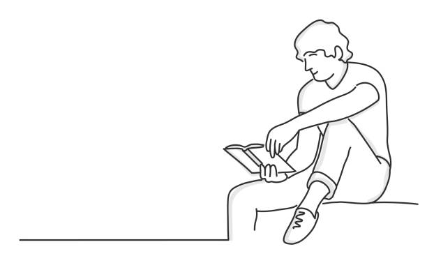 man sitting and reading book. Hand drawn vector illustration of man sitting and reading book. rows of books stock illustrations