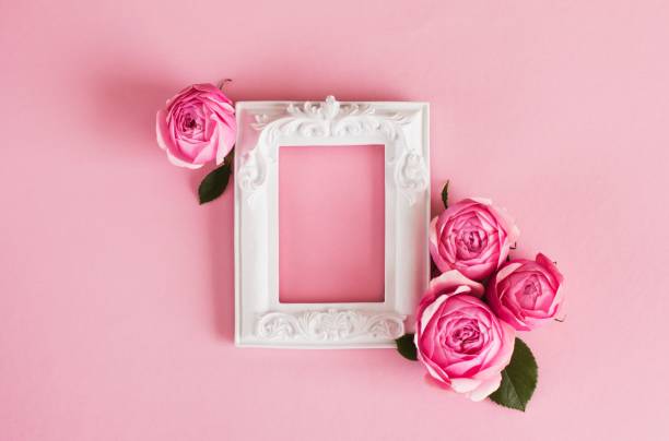 istock Spring flower arrangement of fresh roses and white text frame 1318585861