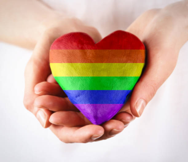 Rainbow LGBT heart in female hands stock images Female hands giving rainbow heart stock photo. Rainbow pride flag in heart shape images. LGBT rainbow heart love symbol marriage equality stock pictures, royalty-free photos & images