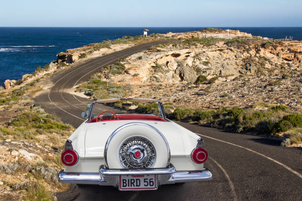 White 1956 Ford Thunderbird Convertible Classic Car Port MacDonnell, South Australia - July 22, 2017: Rear view of a 1956 Ford Thunderbird convertible parked on the side of a winding coastal road. Limestone coast, Great Australian Bight. old thunderbird stock pictures, royalty-free photos & images