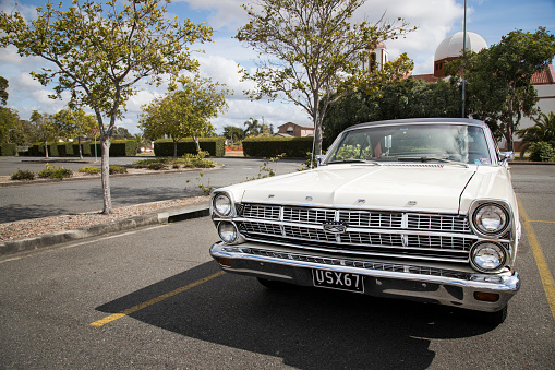 Brisbane, Queensland, Australia - October 17, 2020: Front view of a 1967 Ford Fairlane 500 coupe.