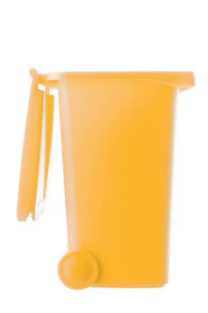 istock Plastic yellow trash can isolated on white background 1318588091