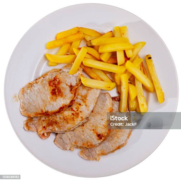 Fried Barbecue Pork Meat With Baked Potato Stock Photo - Download Image Now - Barbecue - Meal, Chopped Food, Close-up