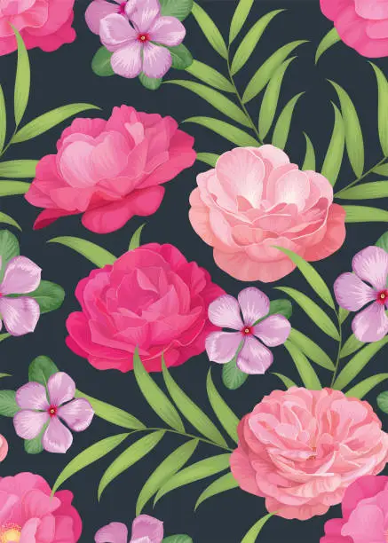 Vector illustration of Seamless pattern of Rose and Vinca flower background template. Vector floral element set for wedding invitations, greeting card, brochure, banners and fashion design.