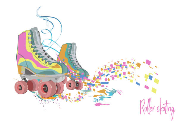 Colorful roller skates decorated with paint splashes and waves on white background. Sport poster. Colorful roller skates decorated with paint splashes and waves on white background. Sport poster. Hand drawn vector. roller skating stock illustrations