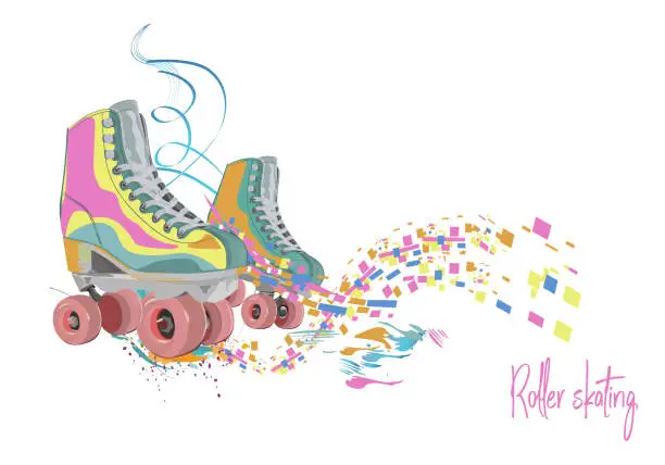 Vector illustration of Colorful roller skates decorated with paint splashes and waves on white background. Sport poster.