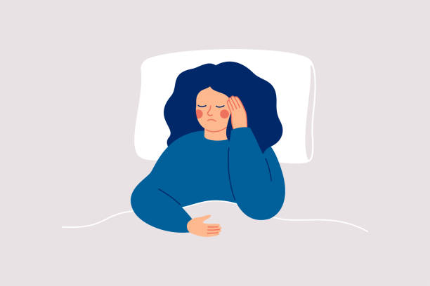 ilustrações de stock, clip art, desenhos animados e ícones de girl suffers from insomnia and had difficulty falling asleep.woman has headaches during sleep time. sleepy female lying on bed and touching her temple. insomnia and sleep disorder. - doença ilustrações