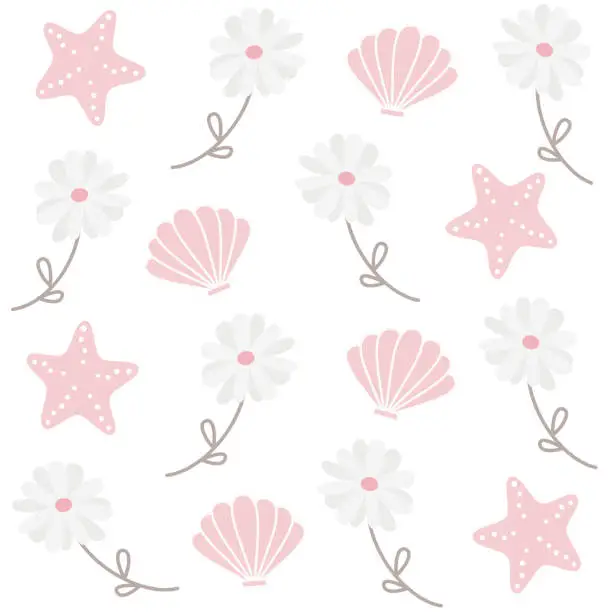 Vector illustration of cute lovely seamless vector pattern background illustration with daisy flowers, seashells and starfish