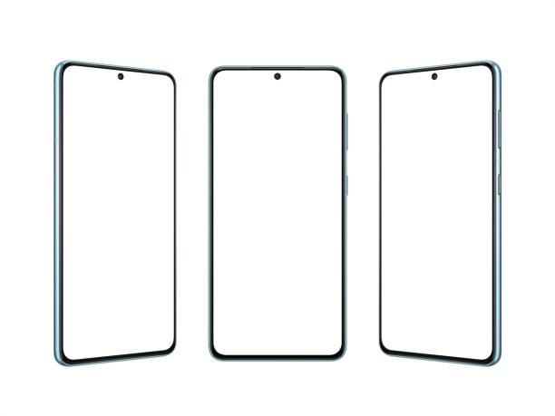 istock Isolated modern smart phone in three position. Thin edges with small built into display camera 1318595399