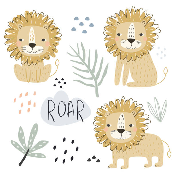 ilustrações, clipart, desenhos animados e ícones de filhote de leão bonito com elementos decorativos para criar padrões perfeitos em um fundo branco . ilustração vetorial para impressão em tecido, papel de embalagem, cartão postal, pôster. fundo de bebê bonito - animal de safari