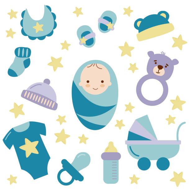 ilustraciones, imágenes clip art, dibujos animados e iconos de stock de conjunto de elementos para el nacimiento de un niño. estilo plano. ilustración vectorial. fondo blanco, aislado. - baby icons