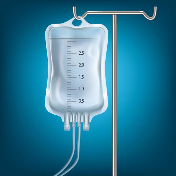 saline bag hanging on stainless pole isolated on blue background saline bag hanging on stainless pole isolated on blue background saline drip stock illustrations