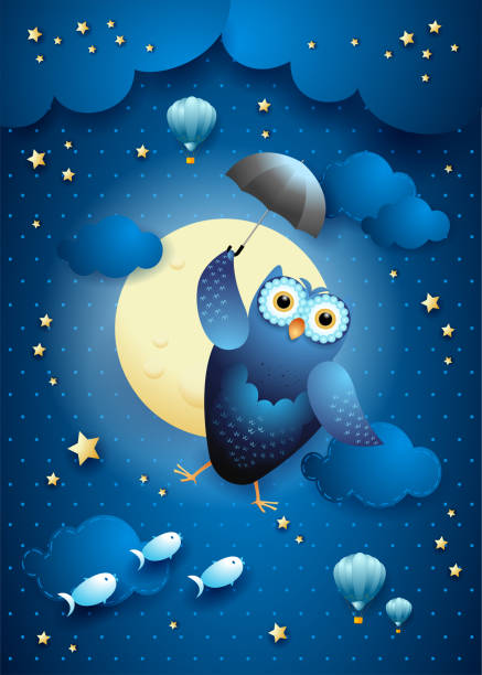 Cute Flying Owl With Umbrella On Starry Sky Vector Illustration Eps10 Stock  Illustration - Download Image Now - iStock