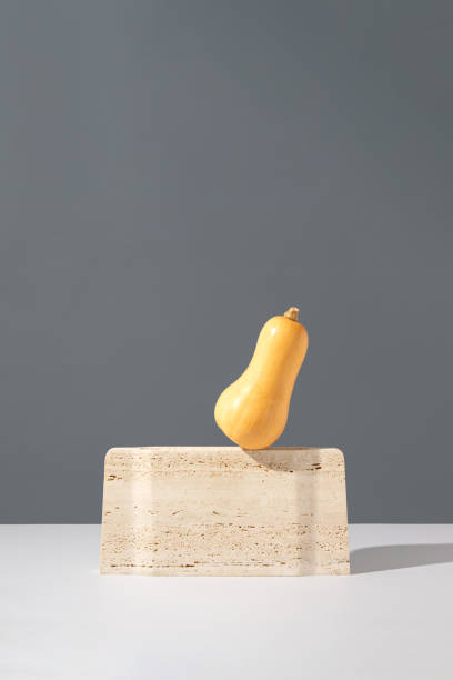 istock Unique balancing butternut squash still life composition. Abstract travertine sculpture with raw produce on a grey background. Surreal retro food concept. Art direction stone and vegetable idea. 1318598035