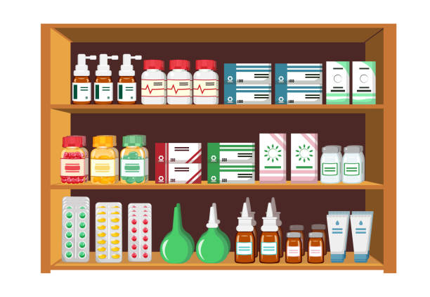 istock Pharmacy trade shelf with medicines in cartoon style 1318600461