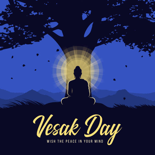 vesak tag - silhouette der herr buddha meditierte mit strahlenlicht unter bodhi bäume in der nacht vektor-design - vesak day stock-grafiken, -clipart, -cartoons und -symbole