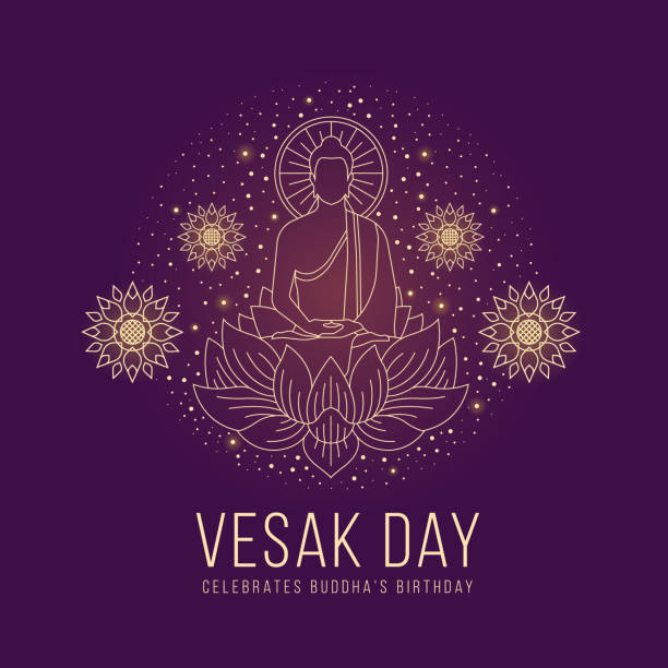 vesak tag - abstrakte linie der herr buddha meditierte auf lotus-zeichen und um mit lotus-blume und punkt stern licht auf lila hintergrund vektor-design - vesak day stock-grafiken, -clipart, -cartoons und -symbole