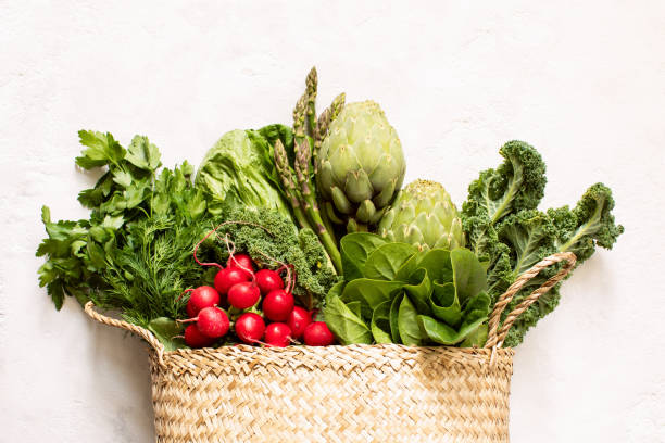 istock Fresh green produce in a handmade shopping bag, top down view 1318601944