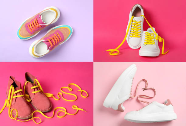 istock Stylish shoes with bright laces on different color backgrounds, collage 1318603179