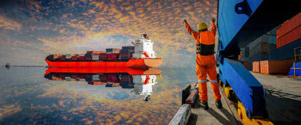 cheerfully done of job - ship freight transportation cargo container sea imagens e fotografias de stock