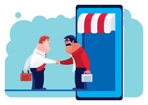 Vector illustration of two businessmen shaking hands via smartphone
