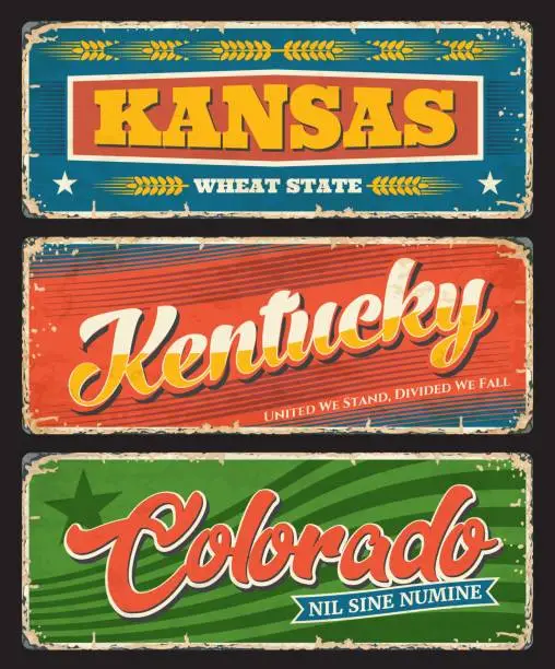 Vector illustration of Kentucky, Kansas and Colorado USA state old plates