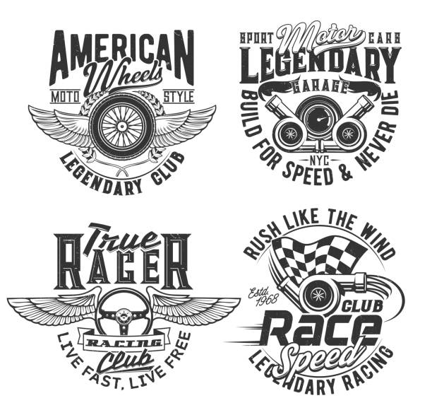 Races club t-shirt prints, speed wheel and wings Races club t-shirt prints, speed wheel and wings, vector icons. Motorcycle races, bikers club, motorbike riders and speedway rally sport, American legendary garage engine sign for t shirt prints vintage speedometer stock illustrations