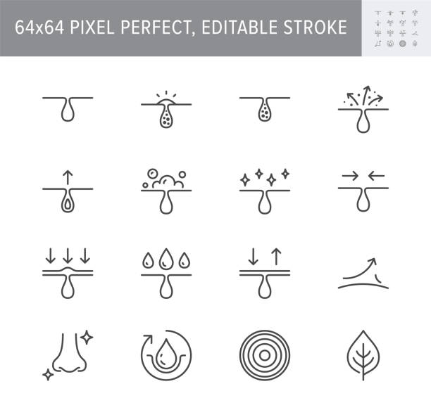 Cosmetic properties line icons. Vector illustration include icon - whitening, acne, moisturizing, cosmetic, gel, pimple, outline pictogram for skincare product. 64x64 Pixel Perfect, Editable Stroke Cosmetic properties line icons. Vector illustration include icon - whitening, acne, moisturizing, cosmetic, gel, pimple, outline pictogram for skincare product. 64x64 Pixel Perfect, Editable Stroke. skin inflammation stock illustrations